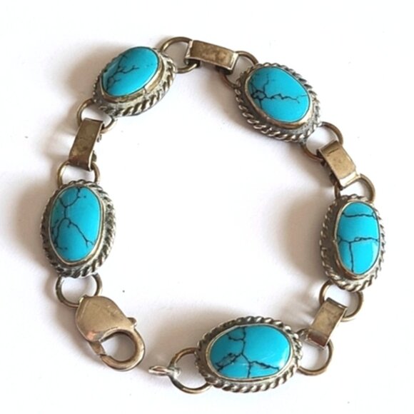 Vintage Sterling Silver Blue Turquoise Chunky Boho Western Chain Bracelet - Picture 2 of 12